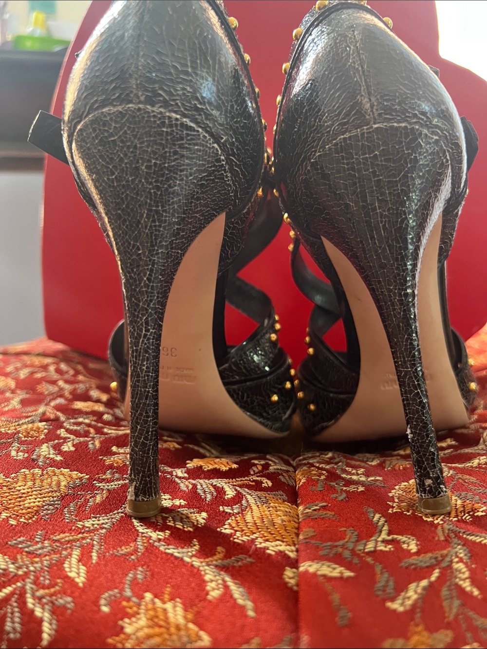 Miu Miu Black Crackled Leather Studded Strappy High-Heel Sandals ā¤ļøāš„ - Picture 14 of 16